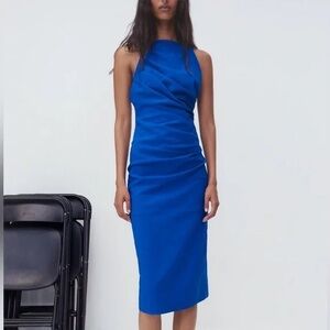 Zara Blue Ruched Linen Blend Cocktail Dress NWT
